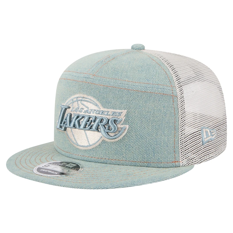 Men's New Era Los Angeles Lakers Adventure Denim Split Panel 9FIFTY Snapback Trucker Hat