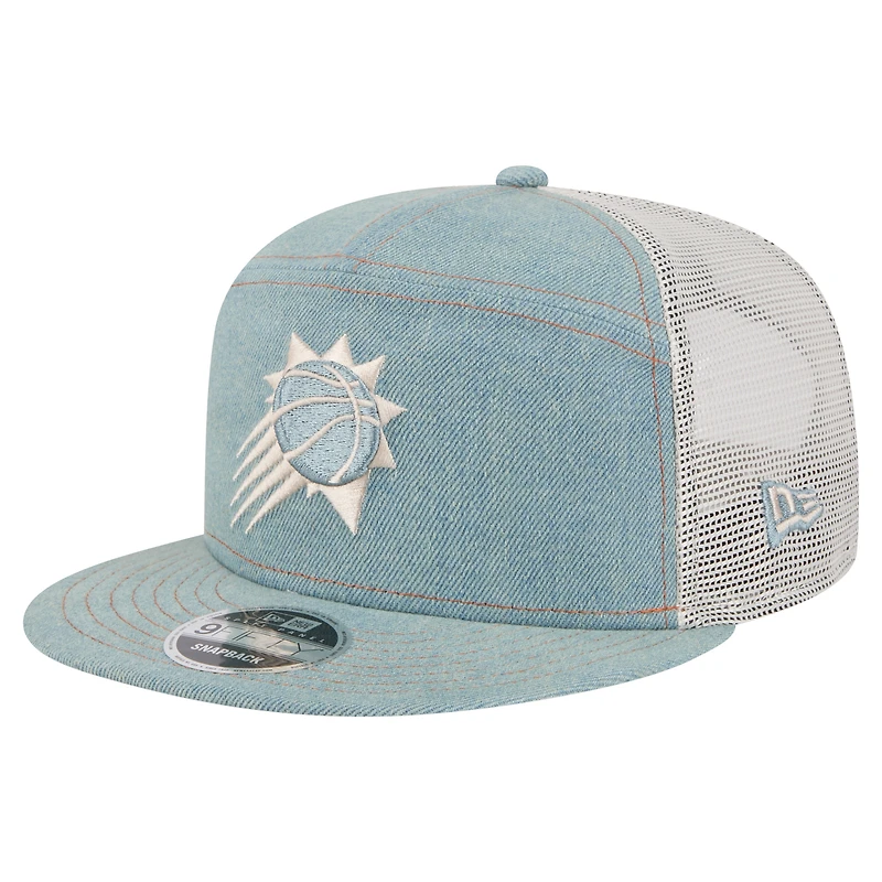 Men's New Era Phoenix Suns Adventure Denim Split Panel 9FIFTY Snapback Trucker Hat