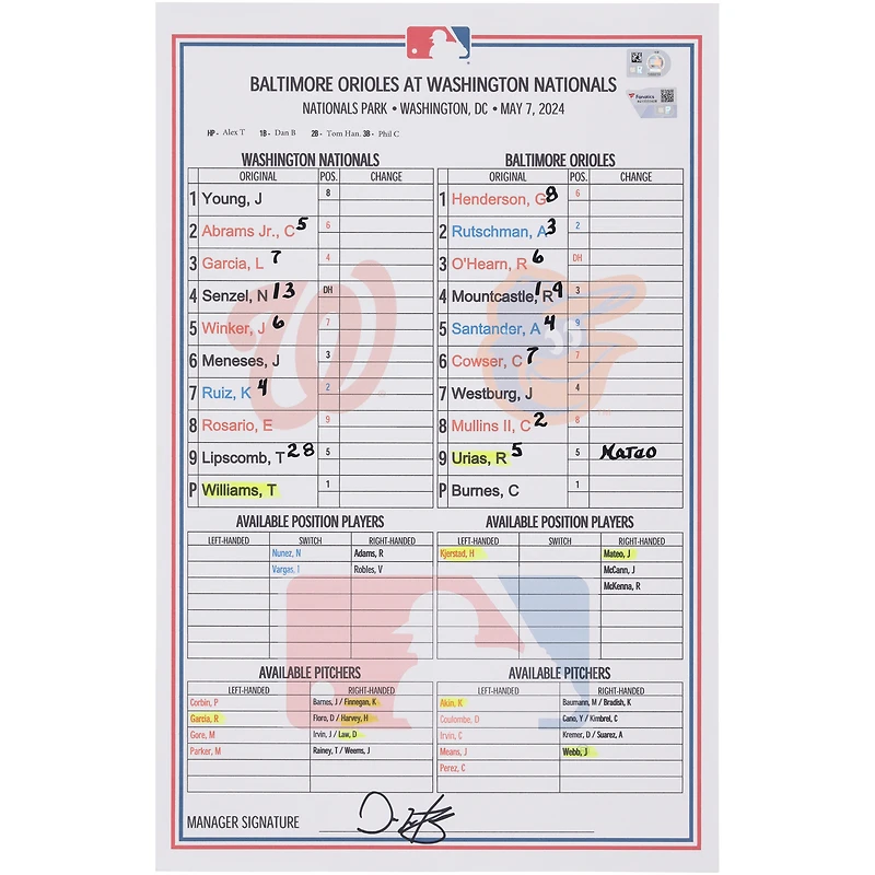 Washington Nationals Game-Used Lineup Card vs. Baltimore Orioles on May 7, 2024