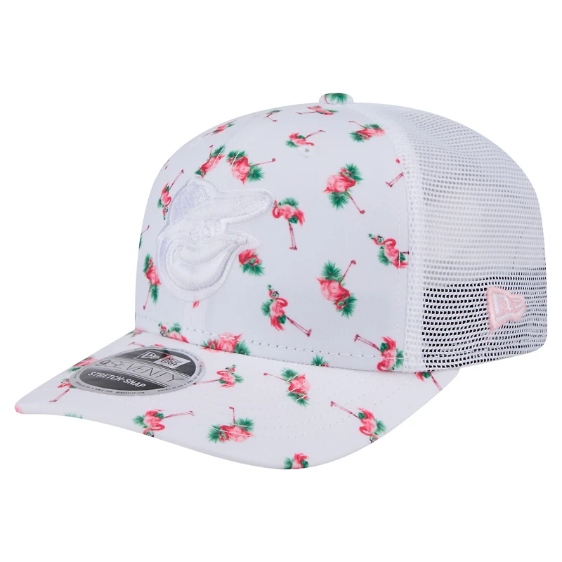 Men's New Era  White Baltimore Orioles Flamingo Mesh Back 9SEVENTY Stretch-Snap Hat