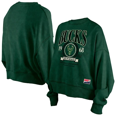 Women's New Era  Hunter Green Milwaukee Bucks Throwback Vintage Enzyme Wash Oversized Boxy Pullover Sweatshirt
