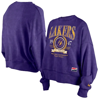 Women's New Era  Purple Los Angeles Lakers Throwback Vintage Enzyme Wash Oversized Boxy Pullover Sweatshirt