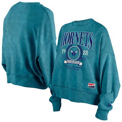 Women's New Era Teal Charlotte Hornets Throwback Vintage Enzyme Wash Oversized Boxy Pullover Sweatshirt