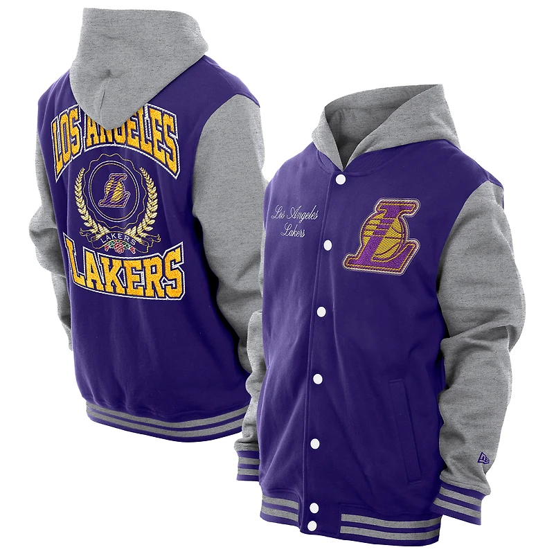 Men's New Era Purple Los Angeles Lakers Throwback Prep Chenille Full-Snap Hooded Varsity Jacket