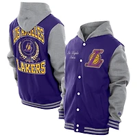 Men's New Era  Purple Los Angeles Lakers Throwback Prep Chenille Full-Snap Hooded Varsity Jacket