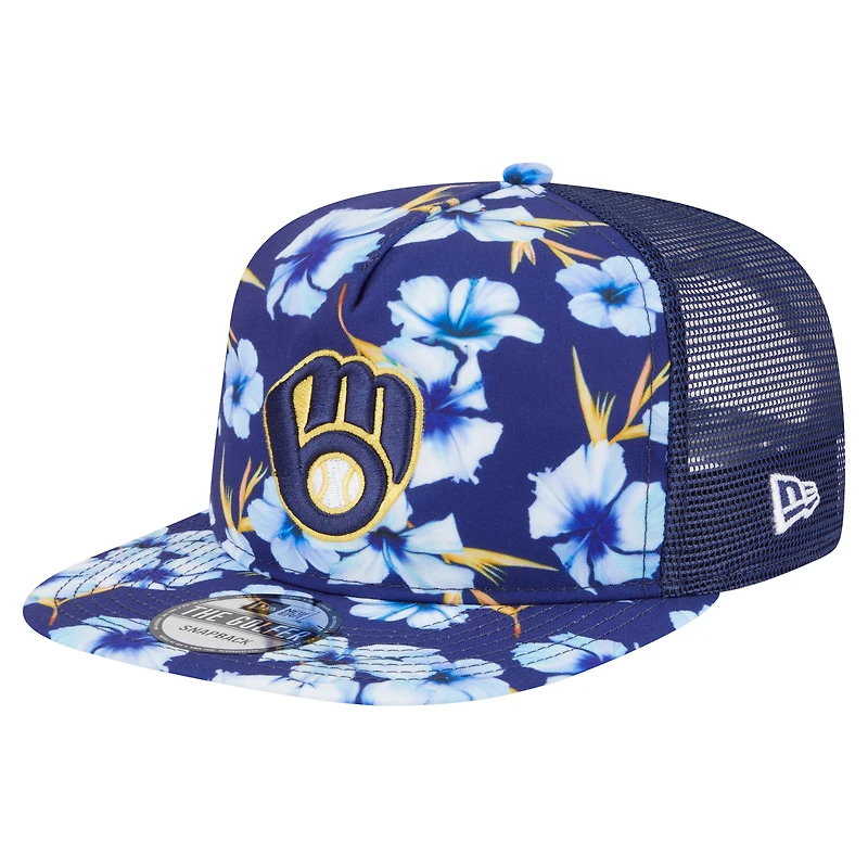 Men's New Era Navy Milwaukee Brewers Adventure Pattern Golfer Trucker Snapback Hat