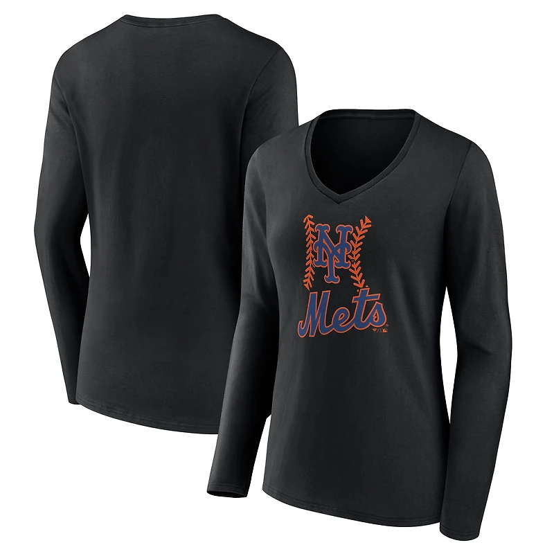 Women's Black New York Mets Fastball Long Sleeve V-Neck T-Shirt