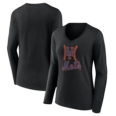 Women's Black New York Mets Fastball Long Sleeve V-Neck T-Shirt