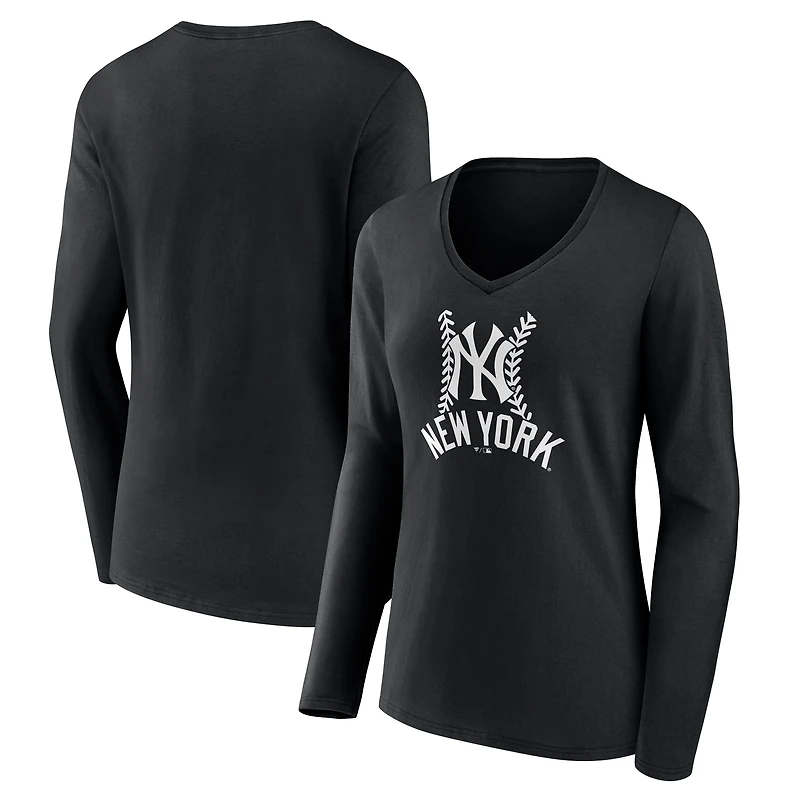 Women's Black New York Yankees Fastball Long Sleeve V-Neck T-Shirt