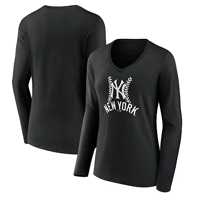 Women's Black New York Yankees Fastball Long Sleeve V-Neck T-Shirt