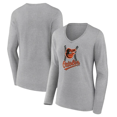 Women's Gray Baltimore Orioles Fastball Long Sleeve V-Neck T-Shirt