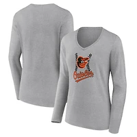 Women's Gray Baltimore Orioles Fastball Long Sleeve V-Neck T-Shirt