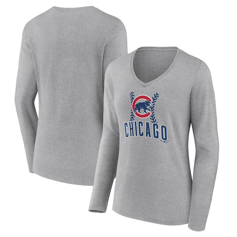 Women's Gray Chicago Cubs Fastball Long Sleeve V-Neck T-Shirt