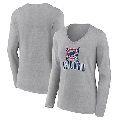 Women's Gray Chicago Cubs Fastball Long Sleeve V-Neck T-Shirt