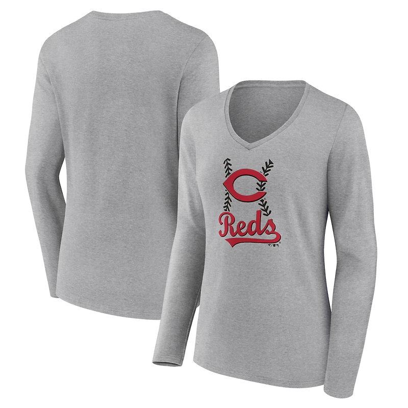 Women's Gray Cincinnati Reds Fastball Long Sleeve V-Neck T-Shirt