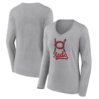 Women's Gray Cincinnati Reds Fastball Long Sleeve V-Neck T-Shirt