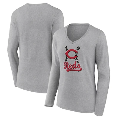 Women's Gray Cincinnati Reds Fastball Long Sleeve V-Neck T-Shirt
