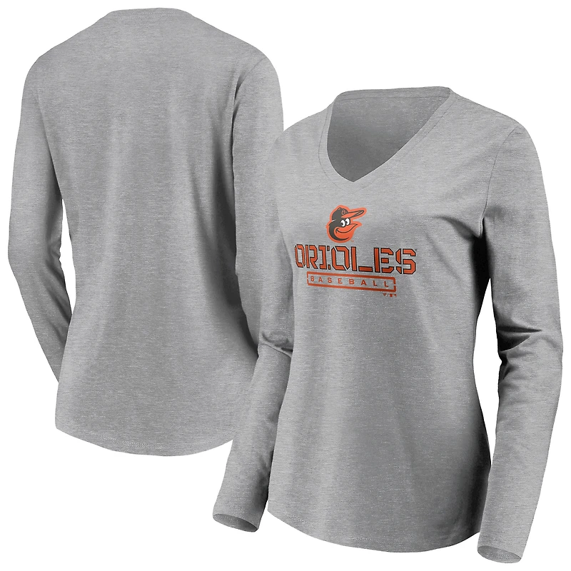 Women's Gray Baltimore Orioles Evanston Stencil Long Sleeve V-Neck T-Shirt
