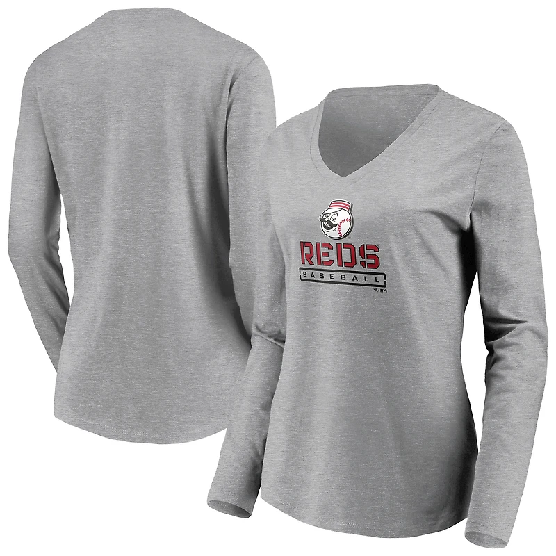Women's Gray Cincinnati Reds Evanston Stencil Long Sleeve V-Neck T-Shirt
