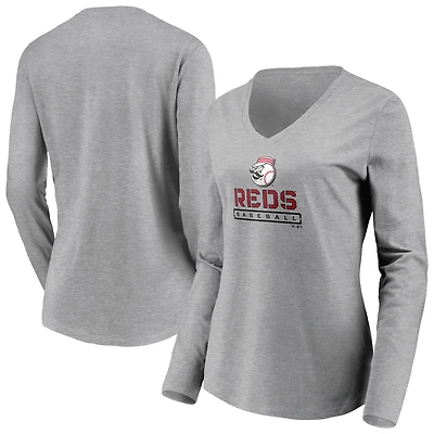 Women's Gray Cincinnati Reds Evanston Stencil Long Sleeve V-Neck T-Shirt