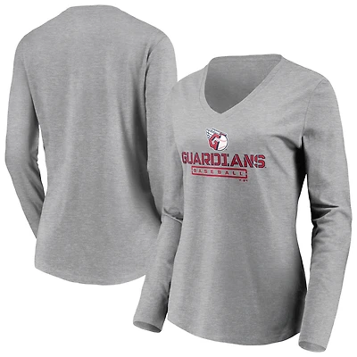 Women's Gray Cleveland Guardians Evanston Stencil Long Sleeve V-Neck T-Shirt