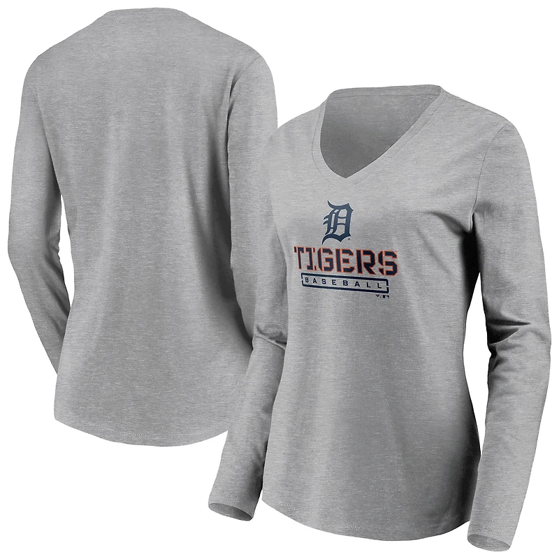 Women's Gray Detroit Tigers Evanston Stencil Long Sleeve V-Neck T-Shirt