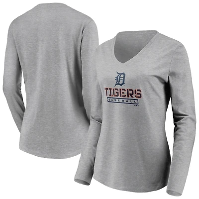Women's Gray Detroit Tigers Evanston Stencil Long Sleeve V-Neck T-Shirt