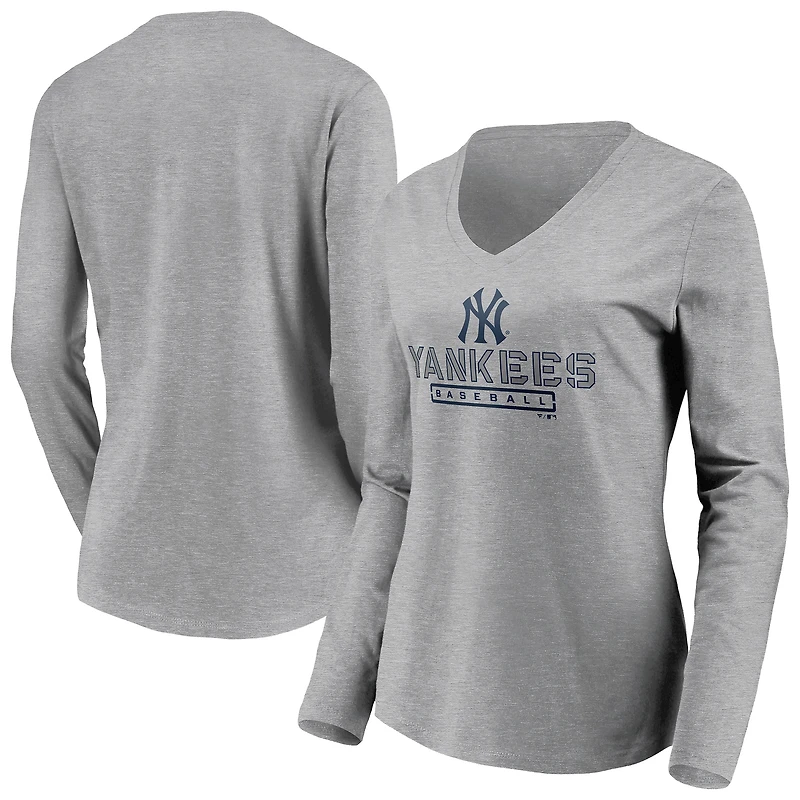 Women's Gray New York Yankees Evanston Stencil Long Sleeve V-Neck T-Shirt