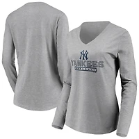 Women's Gray New York Yankees Evanston Stencil Long Sleeve V-Neck T-Shirt