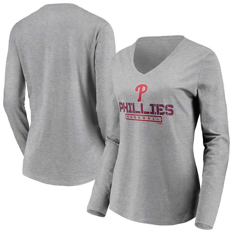 Women's Gray Philadelphia Phillies Evanston Stencil Long Sleeve V-Neck T-Shirt
