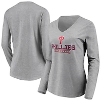 Women's Gray Philadelphia Phillies Evanston Stencil Long Sleeve V-Neck T-Shirt