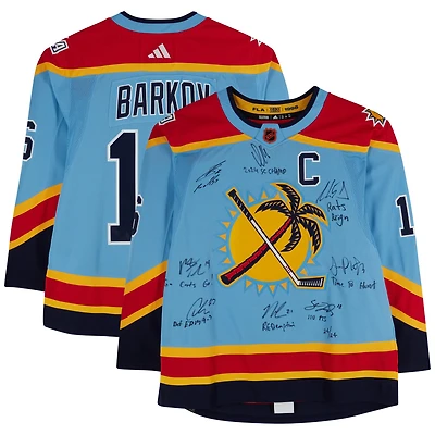 Florida Panthers 2024 Stanley Cup Champions Autographed 2022-23 Reverse Retro Light Blue adidas Authentic Jersey with Multiple Signatures and Inscriptions - Limited Edition #24/24