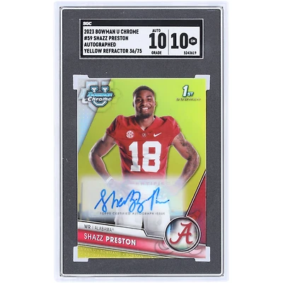 Shazz Preston Alabama Crimson Tide Autographed 2023 Bowman Chrome U Yellow Refractor #59 #36/75 SGC Authenticated 10/10 Card