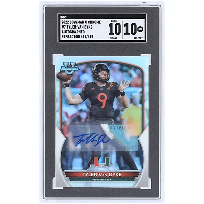Tyler Van Dyke Miami Hurricanes Autographed 2022 Bowman Chrome U Refractor #7 #421/499 SGC Authenticated 10/10 Card
