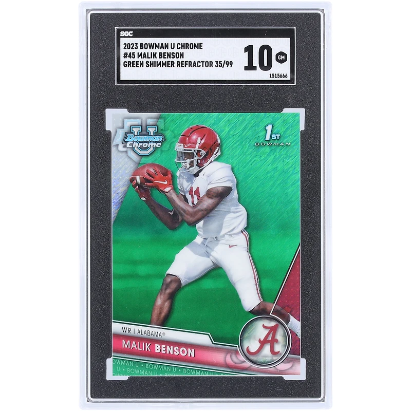 Malik Benson Alabama Crimson Tide 2023 Bowman Chrome U Green Shimmer Refractor #45 #35/99 SGC Authenticated 10 Card