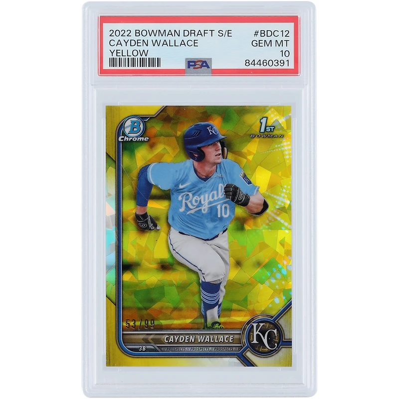 Cayden Wallace Kansas City Royals 2022 Bowman Draft Sapphire Yellow #BDC-12 #53/99 PSA Authenticated 10 Card