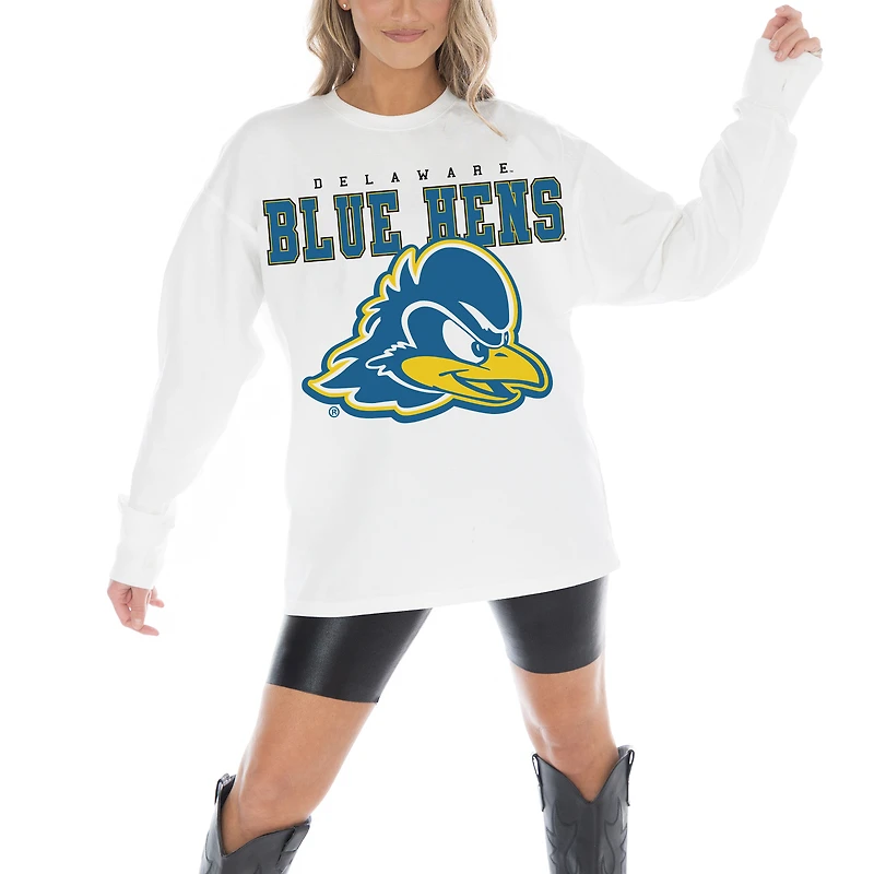 Women's Gameday Couture White Delaware Fightin' Blue Hens Big Goals Oversized Long Sleeve T-Shirt