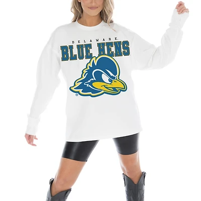 Women's Gameday Couture White Delaware Fightin' Blue Hens Big Goals Oversized Long Sleeve T-Shirt