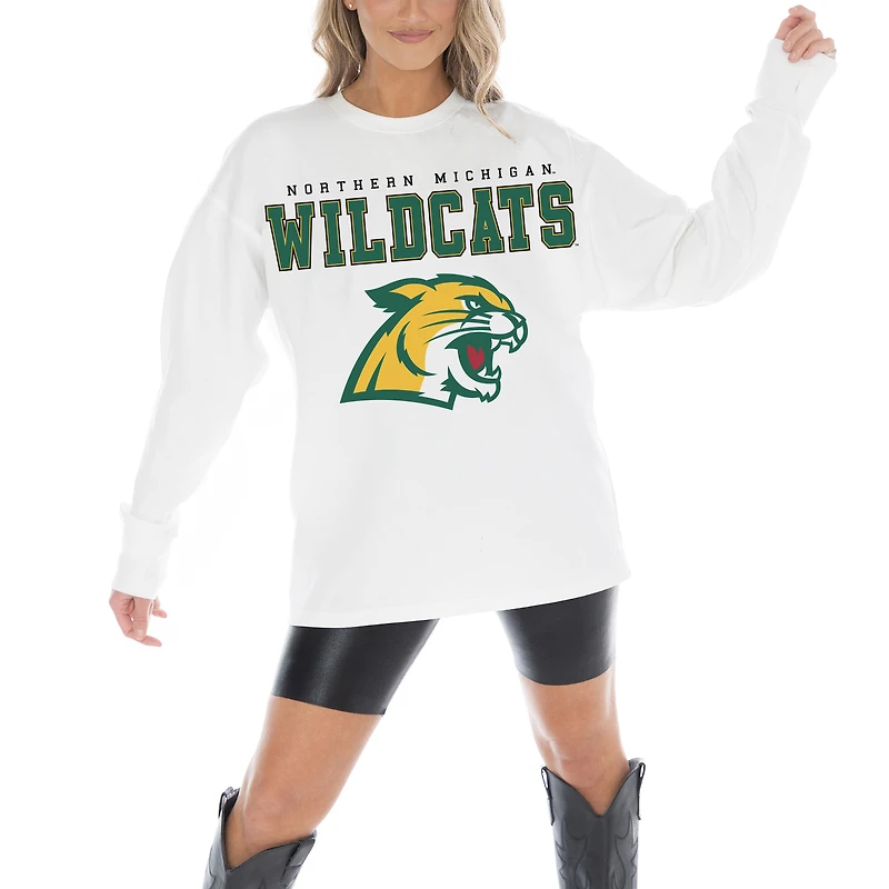 Women's Gameday Couture White Northern Michigan Wildcats Big Goals Oversized Long Sleeve T-Shirt