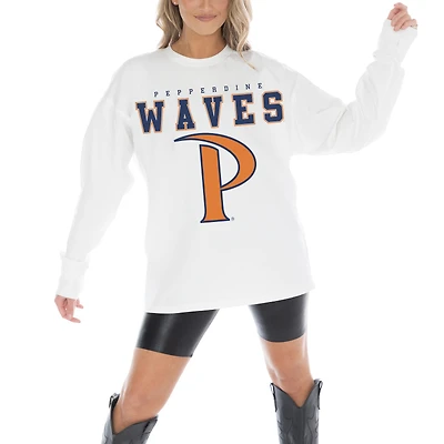 Women's Gameday Couture White Pepperdine Waves Big Goals Oversized Long Sleeve T-Shirt