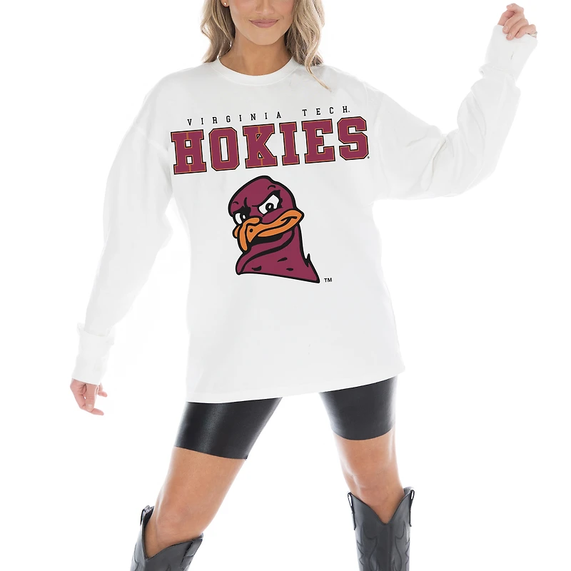 Women's Gameday Couture White Virginia Tech Hokies Big Goals Oversized Long Sleeve T-Shirt