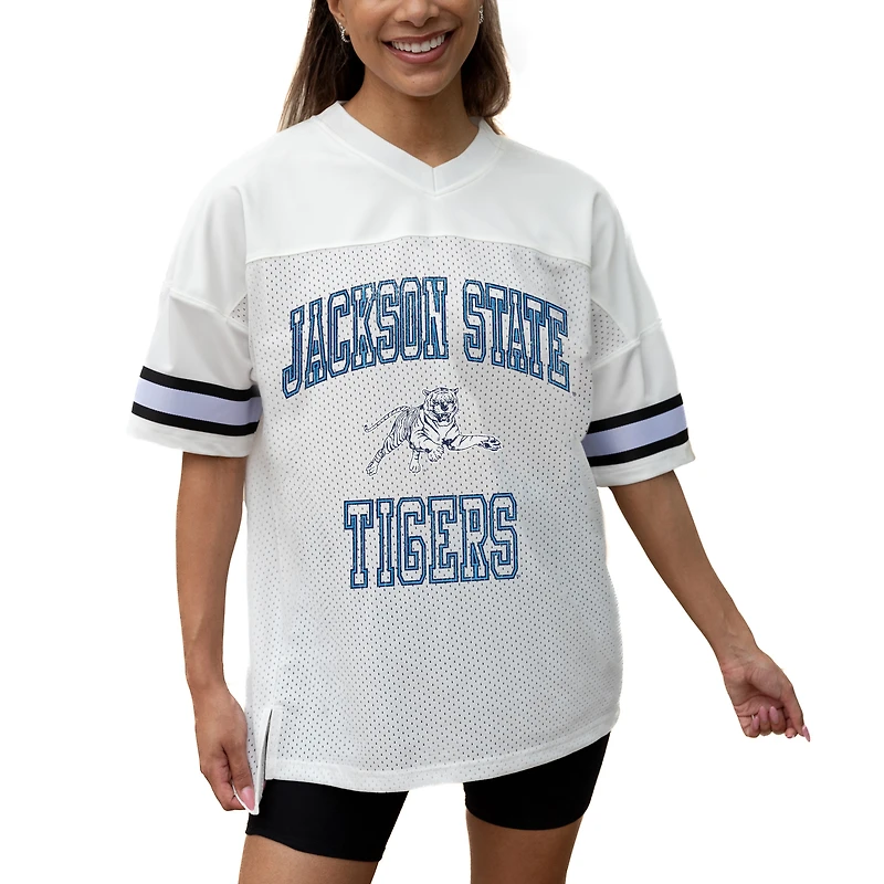 Women's Gameday Couture White Jackson State Tigers Iconic Oversized Fashion Jersey