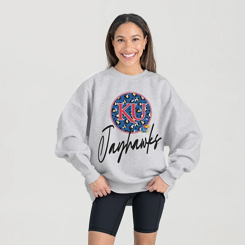 Women's Gameday Couture Ash Kansas Jayhawks Premium Fleece Pullover Sweatshirt