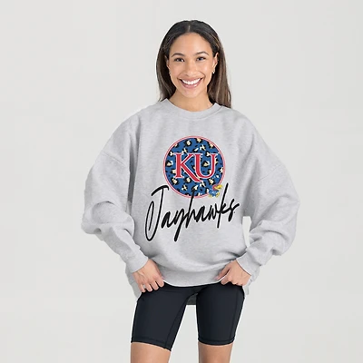 Women's Gameday Couture Ash Kansas Jayhawks Premium Fleece Pullover Sweatshirt