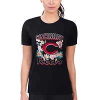 Women's G-III 4Her by Carl Banks Black Cincinnati Reds Super-Slim Fit Lightweight Flowers Graphic T-Shirt