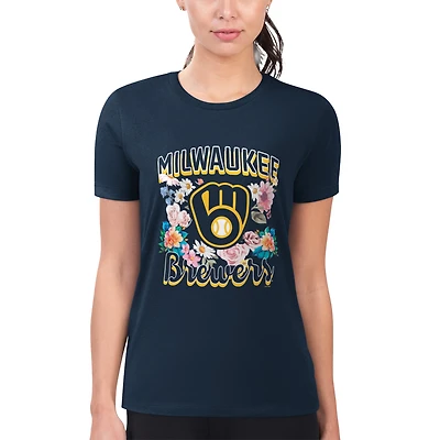 Women's G-III 4Her by Carl Banks Navy Milwaukee Brewers Super-Slim Fit Lightweight Flowers Graphic T-Shirt