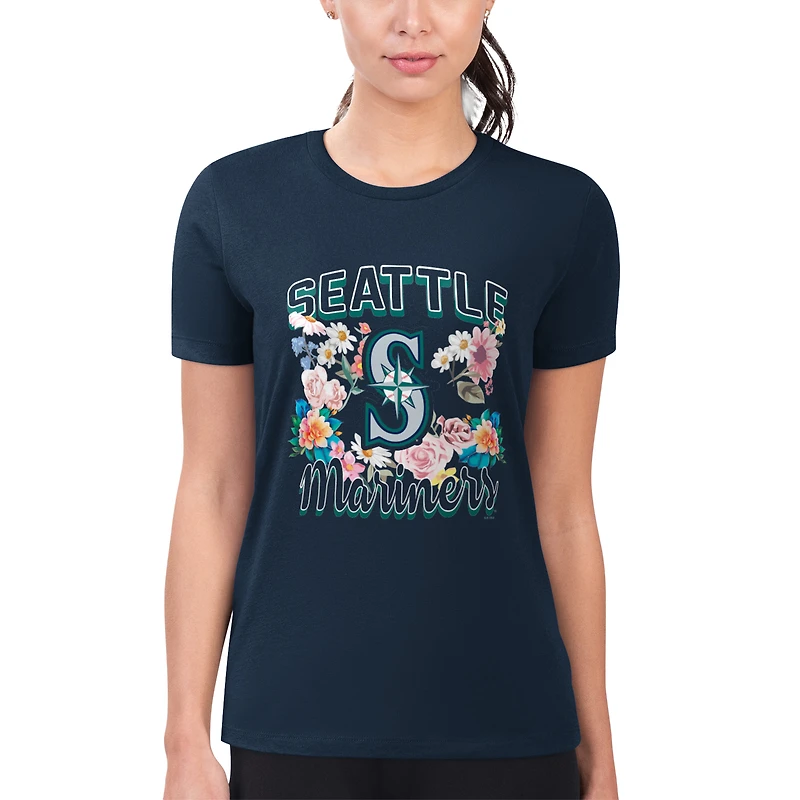 Women's G-III 4Her by Carl Banks Navy Seattle Mariners Super-Slim Fit Lightweight Flowers Graphic T-Shirt