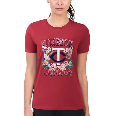 Women's G-III 4Her by Carl Banks Red Minnesota Twins Super-Slim Fit Lightweight Flowers Graphic T-Shirt