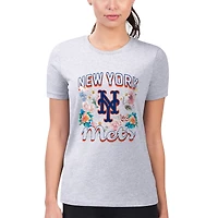Women's G-III 4Her by Carl Banks Heather Gray New York Mets Super-Slim Fit Lightweight Flowers Graphic T-Shirt