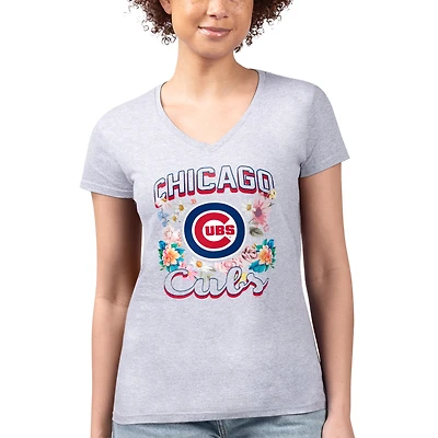 Women's G-III 4Her by Carl Banks Heather Gray Chicago Cubs Super-Slim Fit Lightweight Flowers Graphic V-Neck T-Shirt